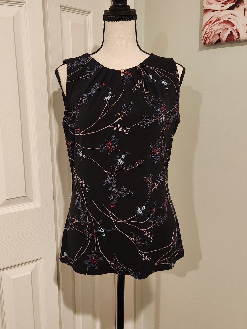 Ivanka Trump Black Floral Sleeveless Camisole With Gold Accent